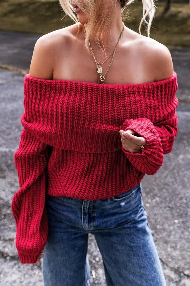 Racing Red Off-the-shoulder Knit Sweater - Love Salve
